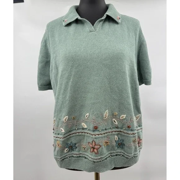 Alfred Dunner Sage Green Embroidered Floral Short Sleeve Polo Sweater XL - Picture 2 of 9